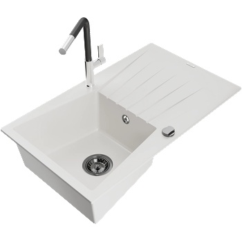 Mexen Cesar гранитна мивка с 1 отделение с отцедник и кухненски кран Flora, бял - 6514-20-670401-07-B (6514-20-670401-07-B)