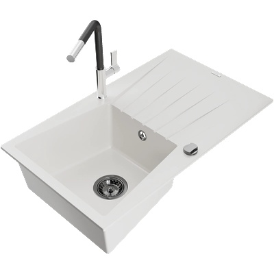 Mexen Cesar гранитна мивка с 1 отделение с отцедник и кухненски кран Flora, бял - 6514-20-670401-07-B (6514-20-670401-07-B)