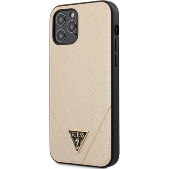 GUESS Saffiano Leather Hard Case - дизайнерски кожен кейс за iPhone 12, iPhone 12 Pro (златист)