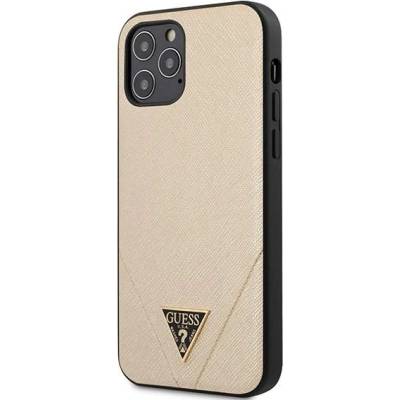 GUESS Saffiano Leather Hard Case - дизайнерски кожен кейс за iPhone 12, iPhone 12 Pro (златист)