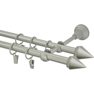 OK-GarnýžeCZ Garnýž kovová dvouřadá 16mm Hrot double stříbrná mat 180 cm do stěny / kroužky s žabkou