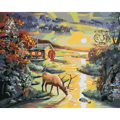 Zuty Malování Podle Čísel Jelen V Řece Iluze Zvířat A Západ Slunce D. Rusty Rust 80 x 100 cm