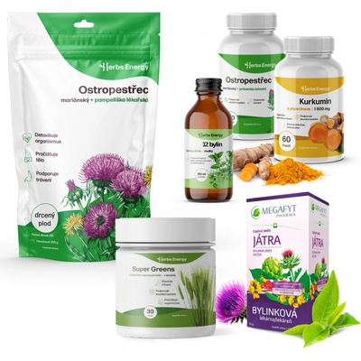 Herbs Energy Detox balíček Ostropestřec Mar. a Pampeliška Lék. 360 g + Ostropestřec Mar. a Právenka Lat. 120 k. + Super Greens5 30 dávek + Energy Drink 12 b. 100 ml + Megafyt Bylin. čaj Játra 20 s.