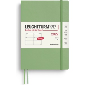 Leuchtturm1917 Weekly Calendar 2027 Medium (A5) - English, Sage, Softcover, 145 x 210 mm, 12 months - January-December 2027, 1 week per double page, 80 g/m2 paper with high ink compatibility - 400297 (400297)