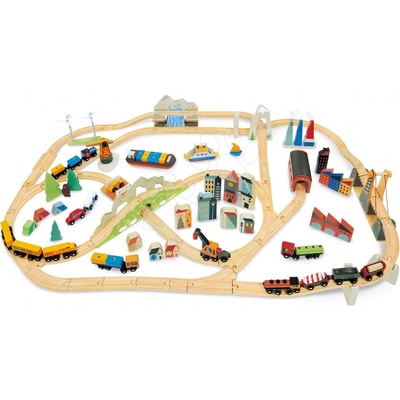 Mountain View Train Set Tender Leaf Toys Drevená vláčikodráha vysokohorská cesta okolo sveta cez mesta a hory 58 dielov a doplnky
