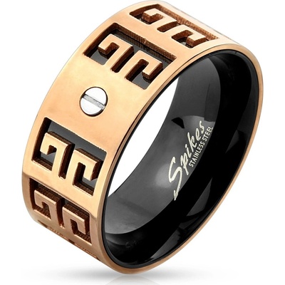 Šperky eshop ocelový prsten měděno-černá kombinace vyryté symboly malý šroubek M07.19