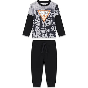 Guess Комплект за мини момче блуза със сиви елементи, червено лого Guess и черен спортен панталон