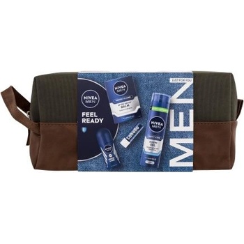 Nivea Men Feel Ready подаръчен комплект: антиперспирант Men Protect & Care 50 ml + балсам за след бръснене Men Protect & Care 100 ml + гел за бръснене Men Protect & Care 200 ml + балсам за устни Labello Men Active 4, 8 g + козметична чанта за мъже