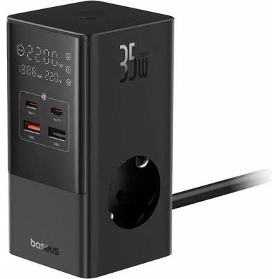 Baseus PowerCombo 7в1 зарядно, 35W, 3xAC 4000W, 2xUSB-C, 2xUSB-A, 1.5м кабел, черен (E00023606113-00)