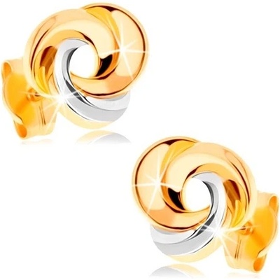 Šperky Eshop Zlaté náušnice 585 tři propojené prstence žluté a bílé zlato S1GG148.09