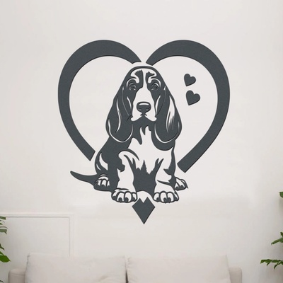 dřevo života Dřevěná samolepka Basset Hound v srdci Rozměry (cm): 75x80, Zvolte barvu dekoru: Antracitová