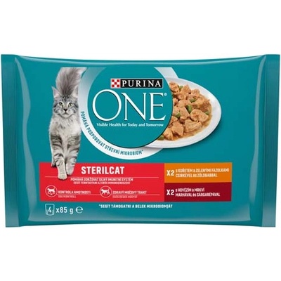 PURINA ONE Multipack Sterilcat mini filetky s kuraťom a zelenými fazuľkami / s hovädzím a mrkvou v šťave 4x85g