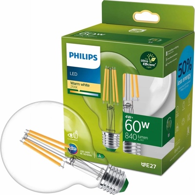 Philips LED žiarovka E27 G95 4W = 60W 840lm 2700K teplé vlákno Ultra Efficient