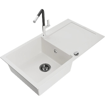 Mexen Leo гранитна мивка с 1 отделение и сушилник и кухненски смесител Flora, бял - 6501-20-670401-07-B (6501-20-670401-07-B)