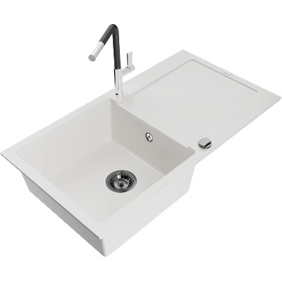 Mexen Leo гранитна мивка с 1 отделение и сушилник и кухненски смесител Flora, бял - 6501-20-670401-07-B (6501-20-670401-07-B)