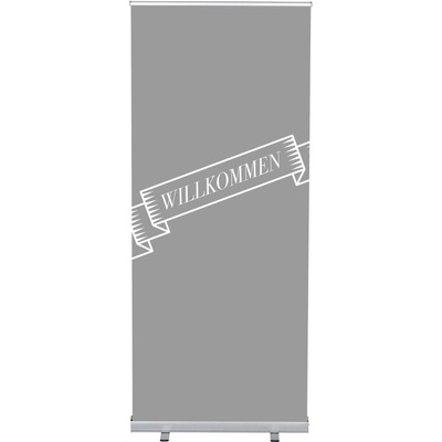 Jansen Display Set Roll-baneru Budget s vytištěným motivem, Přivítání, šedý, německy, 870 x 2080 mm