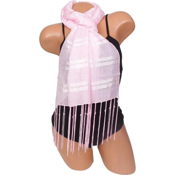 Дамски шал в розово със сатенено райе, ресни и перли