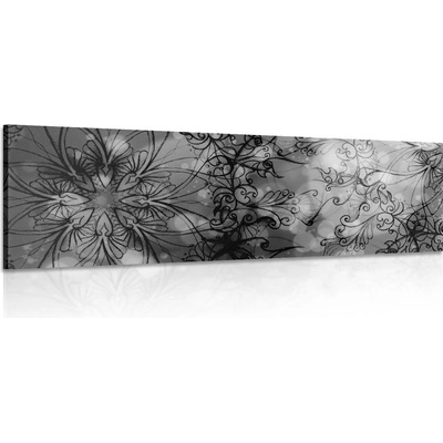 Obraz květinová Mandala v černobílém provedení - 150x50