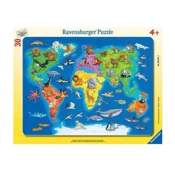 Ravensburger Пъзел Ravensburger 30-48 елемента, Карта на света с животни, 706253