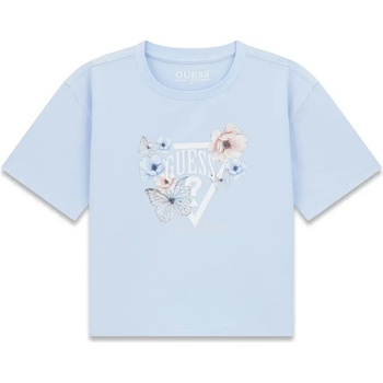GUESS Светло синя тениска за момиче с бяло лого и цветя Guess