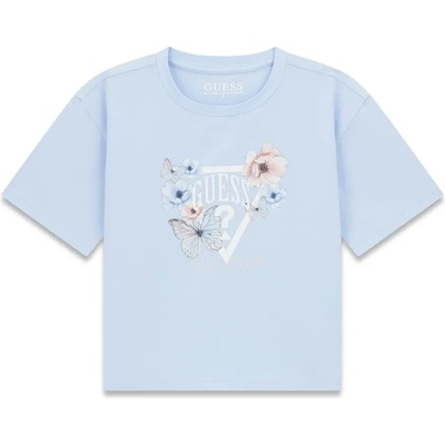 GUESS Светло синя тениска за момиче с бяло лого и цветя Guess