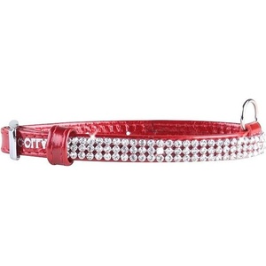 COLLAR Лъскав кожен нашийник с кристали - 21 - 29см, 12мм - червен