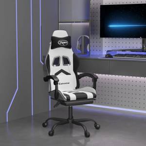 vidaXL Гейминг стол с опора за крака, бяло и черно, изкуствена кожа (3143912)