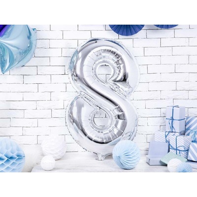 PartyDeco Fóliový balón číslo 8 strieborný 86 cm
