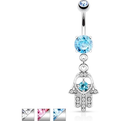 Šperky Eshop piercing do pupíku z chirurgické oceli ruka Hamsa s výřezem ve tvaru srdce a se zirkony R47.1 Čirá C