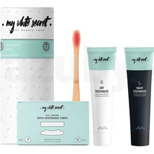 My White Secret Smile Beauty Care bieliace pásiky na zuby + zubná pasta na deň 65 g + zubná pasta na noc 65 g + bambusová zubná kefka darčeková sada