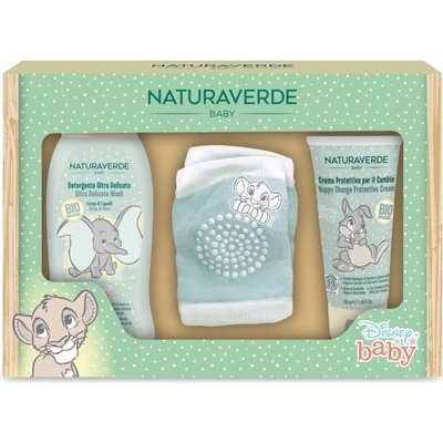 Disney Naturaverde denný ochranný krém proti zapareninám 100 ml + sprchový gél a šampón 2 v 1 pre deti od narodenia 200 ml + protišmykové chrániče kolien pre bábätká 2 ks darčeková sada