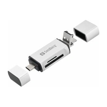 Sandberg Card Reader USB-C+USB+MicroUSB Card Reader USB-C+USB+MicroUSB, MicroSD (TransFlash), SD, Silver, USB, 1 pc(s), 80 mm, 16 mm