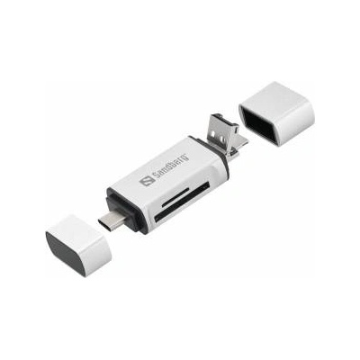 Sandberg Card Reader USB-C+USB+MicroUSB Card Reader USB-C+USB+MicroUSB, MicroSD (TransFlash), SD, Silver, USB, 1 pc(s), 80 mm, 16 mm