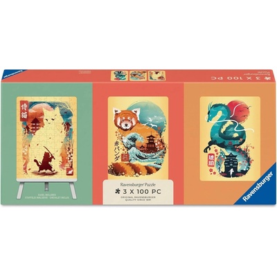Ravensburger Mini Trio so stojanom 3x100 dielov Ukiyo-e Mačací bojovník červená panda a drak
