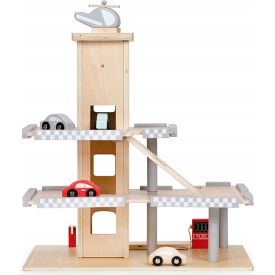 Ecotoys Velká dřevěná parkovací garáž s výtahem + autíčka