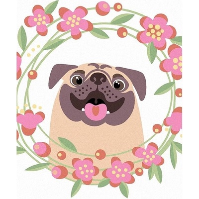 zuty Malování podle čísel Šťastný mops s květinami 80 x 100 cm bez rámu a bez vypnutí plátna