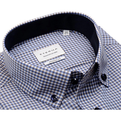 Eterna Modern Fit košile krátký rukáv se světlým modro-béžovým kárem s vnitřním límcem