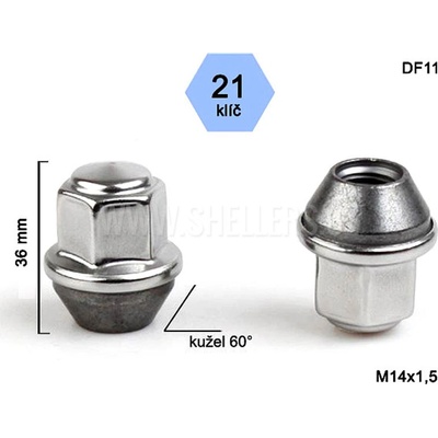 Kolová matice M14x1,5 Ford, kužel, klíč 21, DF11, uzavřená, nerez. krytka, výška 36 – Sleviste.cz