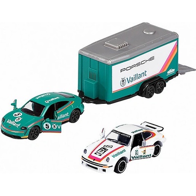 Majorette Porsche Taycan Turbo S5 + přivěs Vaillant + Porsche 934 1:64