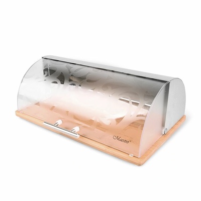 Maestro Кутия за хляб MAESTRO, Дърво/Неръждаема стомана/Акрил, Плъзгащ се капак, 39 x 26 x 15 см, Кафяво/Сребристо (MR-1670S) (MR-1670S)