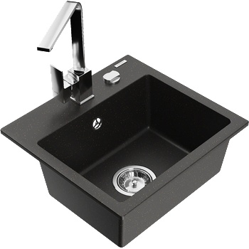 Mexen Milo мивка от гранит с 1 камера с кухненски смесител Rita, черен/златен металик - 6505-75-670300-00 (6505-75-670300-00)