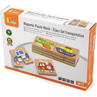 Viga Toys Дървени магнитни пъзели Превозни средства, 32 части, Viga (50723)
