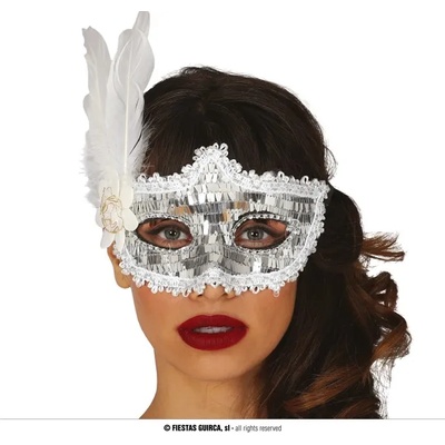 Fiestas Guirca Домино със сребърни пайети и бяло перо