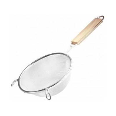 Cedník pocínovaný, průměr 14cm, střední tkanivo, dřevěná rukojeť