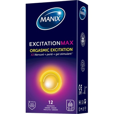 Manix Excitation Max 12 ks vrúbkované hrejivé latexové 52 mm