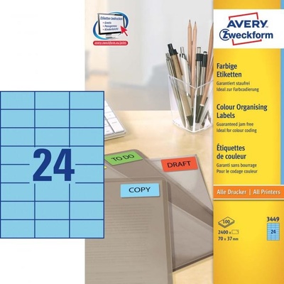 Etikety farebné 70x37mm Avery A4 100 hárkov modré