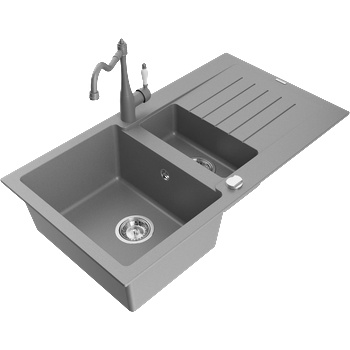 Mexen Matias гранитна мивка 1, 5-компартментова с отцедник и кухненски смесител Carla, сив - 6502-71-670700-71 (6502-71-670700-71)