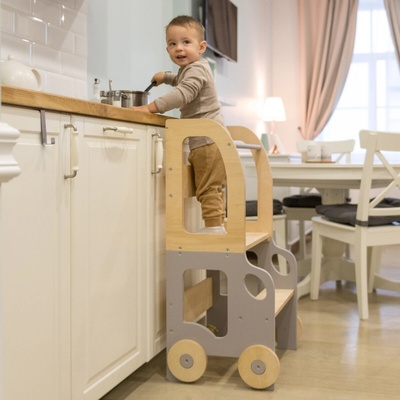 Family scl Montessori učící věž s motivem auta 3v1 Šedá Přírodní
