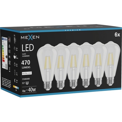 Mexen Vintis 6x LED нажежаема крушка E27, ST64, 4W, неутрална - 4000K, 470 lm, прозрачна (L152-E27-0440-00x06)