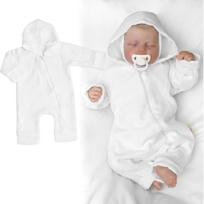 Baby Nellys Mušelinový overálek s kapucí dvouvrstvý Hand Made bílý